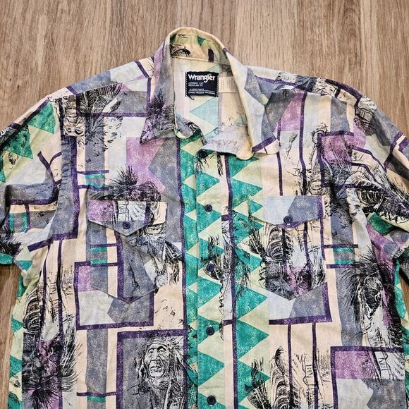 Vtg Wrangler Button Up Shirt Mens 16.5 34 Native American Tribal Western Cowboy - Picture 2 of 9
